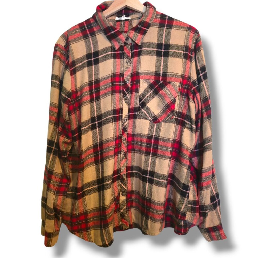 Maurices shirt womens X-large plaid tan red button-up long-sleeve
